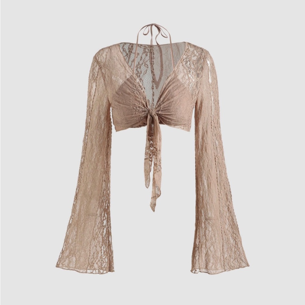 Cider Lace Knotted Bell Sleeve Crop Top